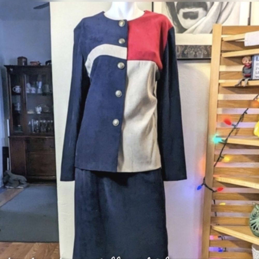 80s Leslie Fay Faux Suede Skirt Suit